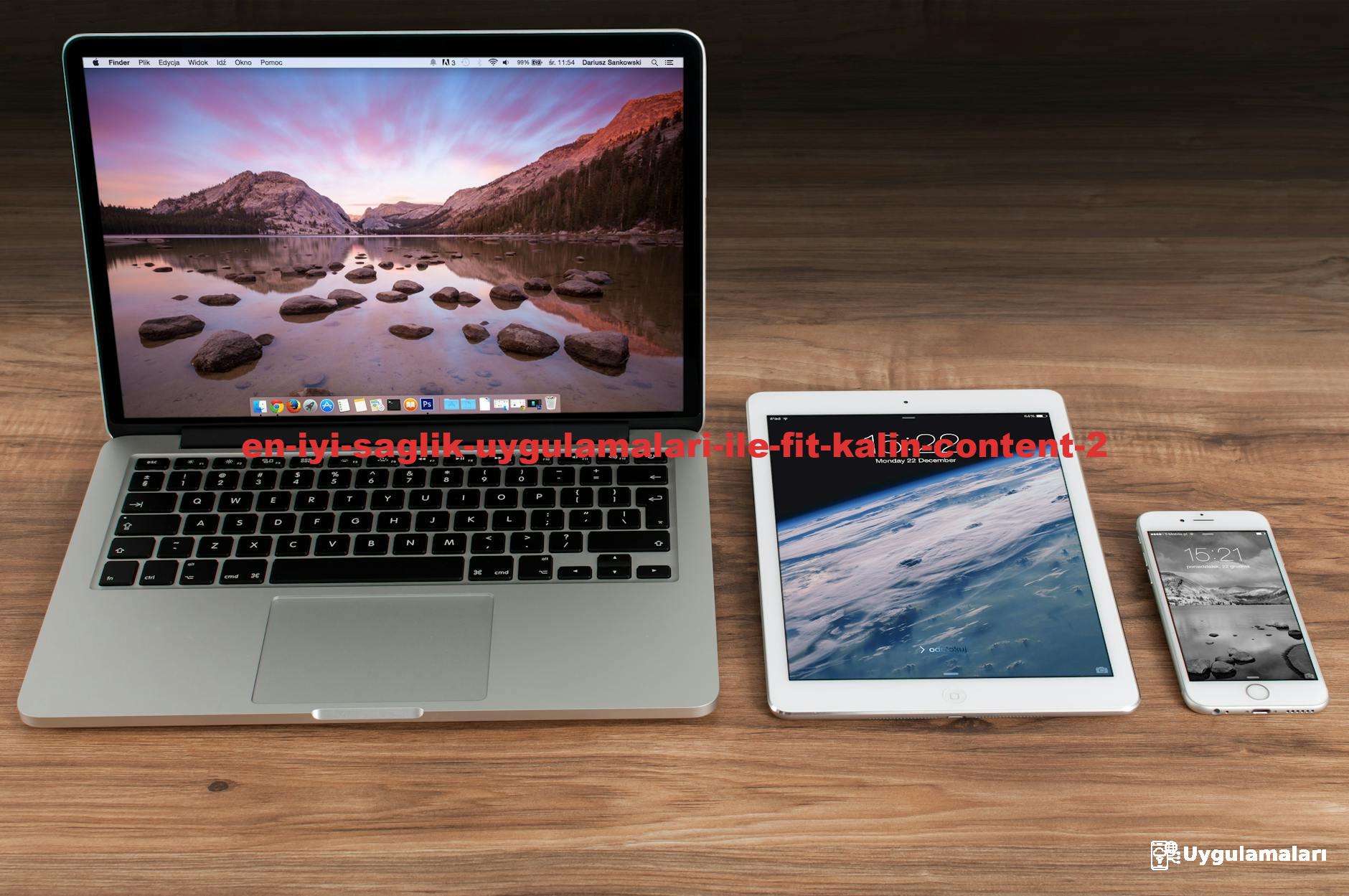 Modern workspace showcasing Apple laptop, tablet, and smartphone on a wooden desk.