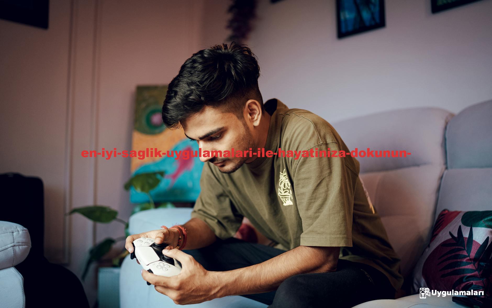 A portrait of a man holding a PS5 controller while gaming indoors. Concept of modern entertainment, console gaming, technology, and leisure lifestyle.