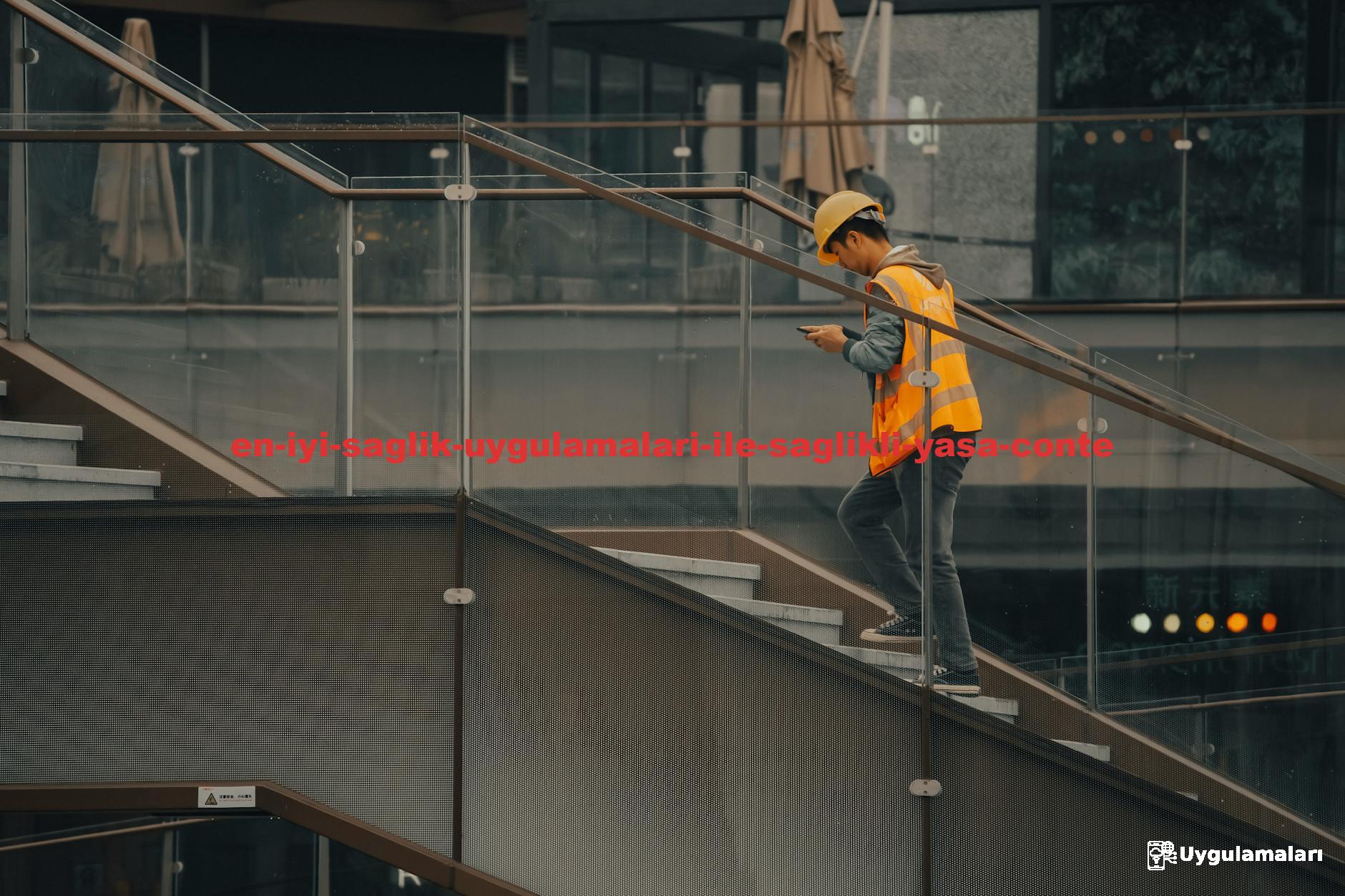 An adult construction worker in a hard hat and vest ascending stairs inside a building.