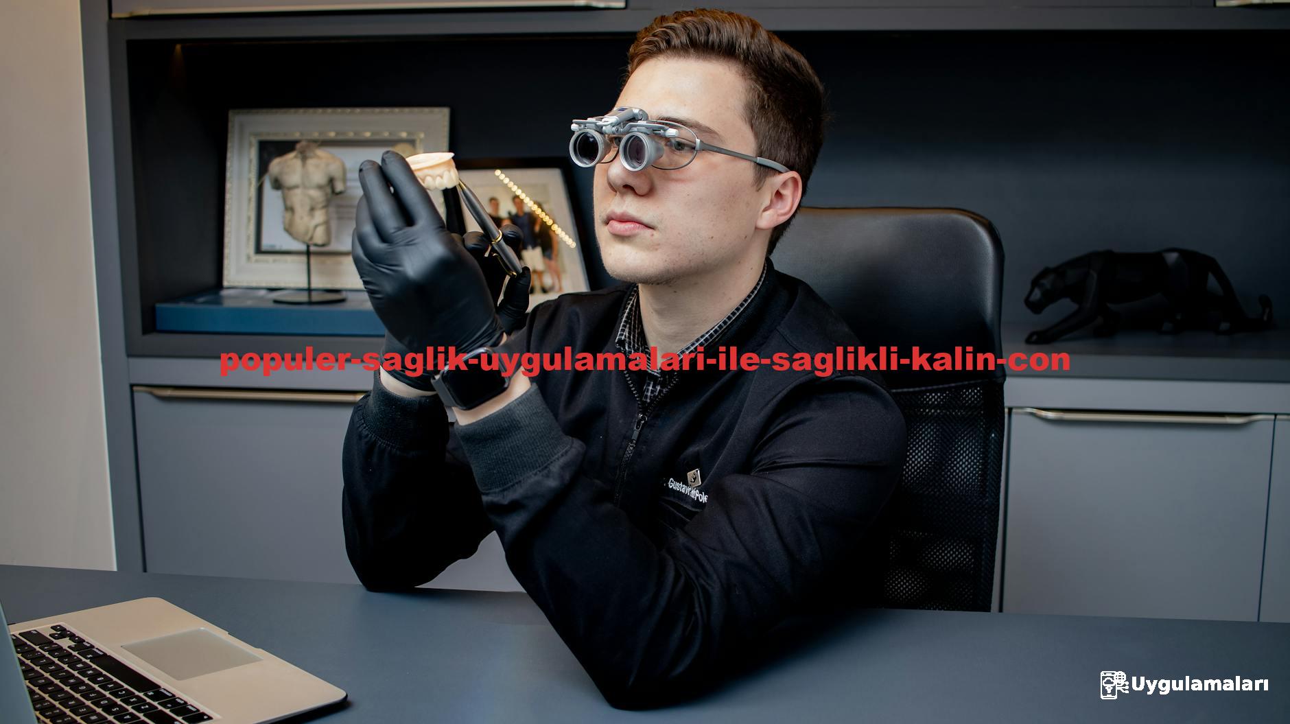 Dentist uses magnifying glasses to examine dental mold in modern office, showcasing professional dental care.