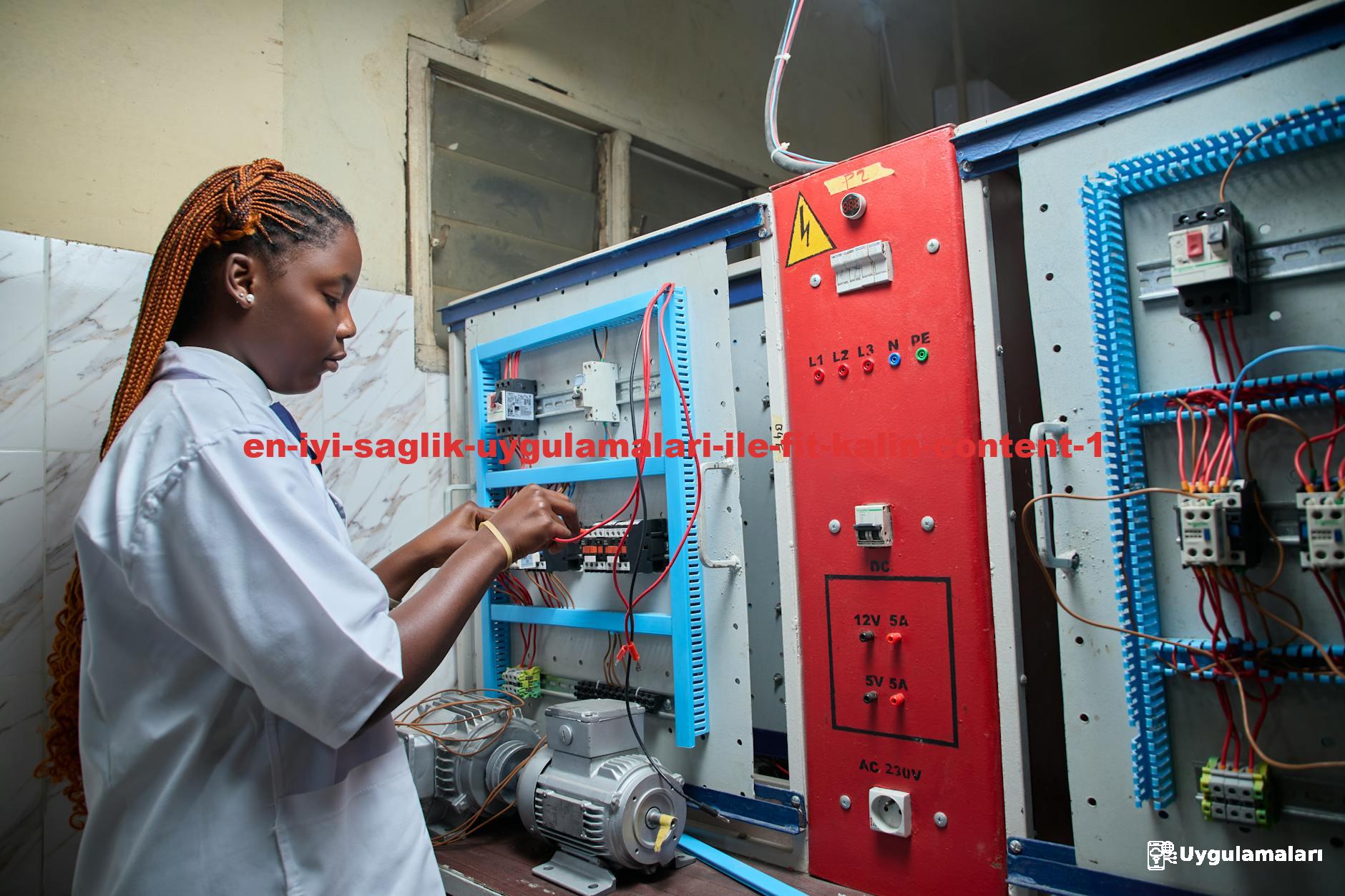 Young female technician repairing electrical control panel in industrial setting.