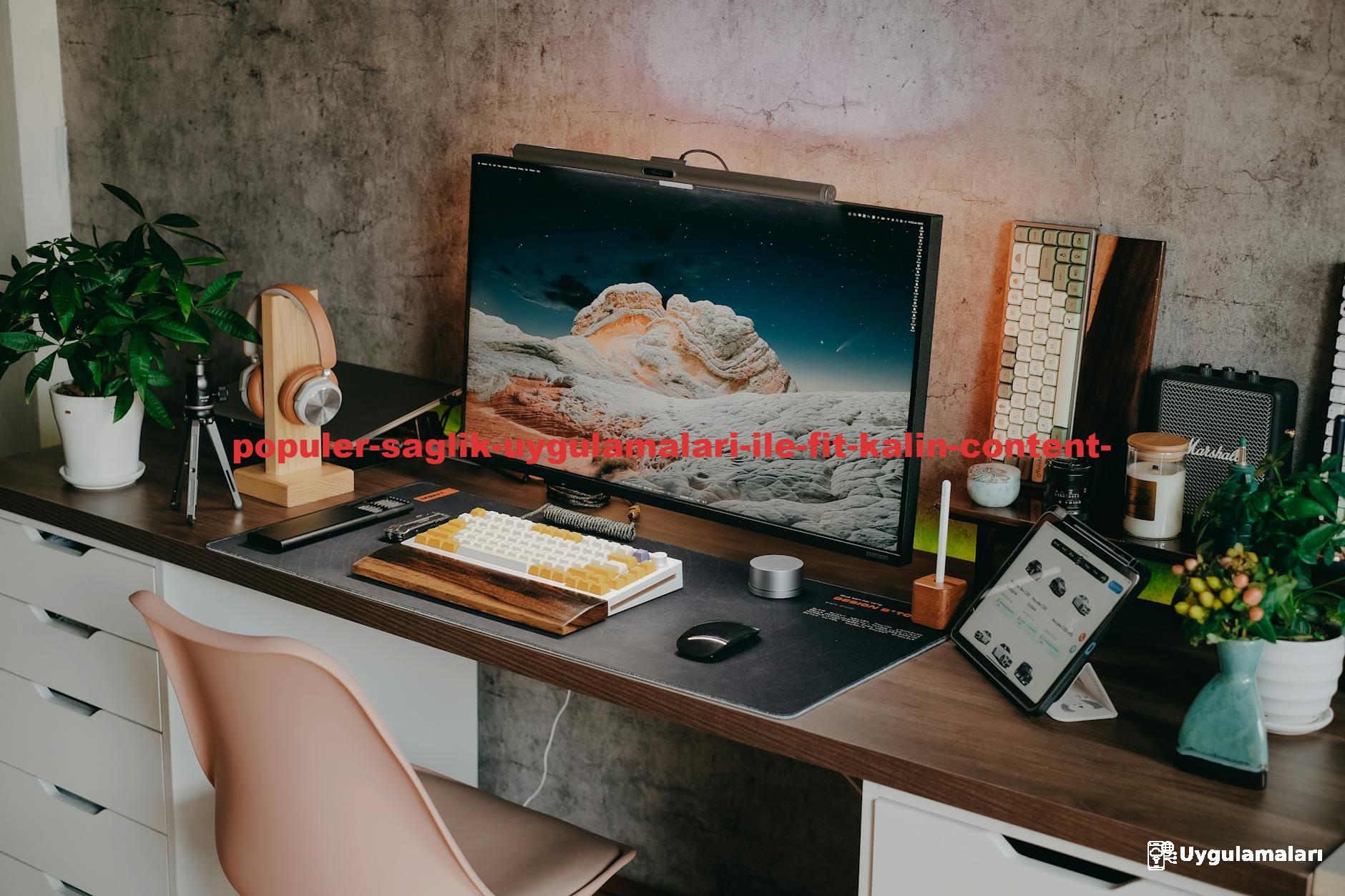 Stylish desk setup featuring a mechanical keyboard, monitor, plants, and tech gadgets.