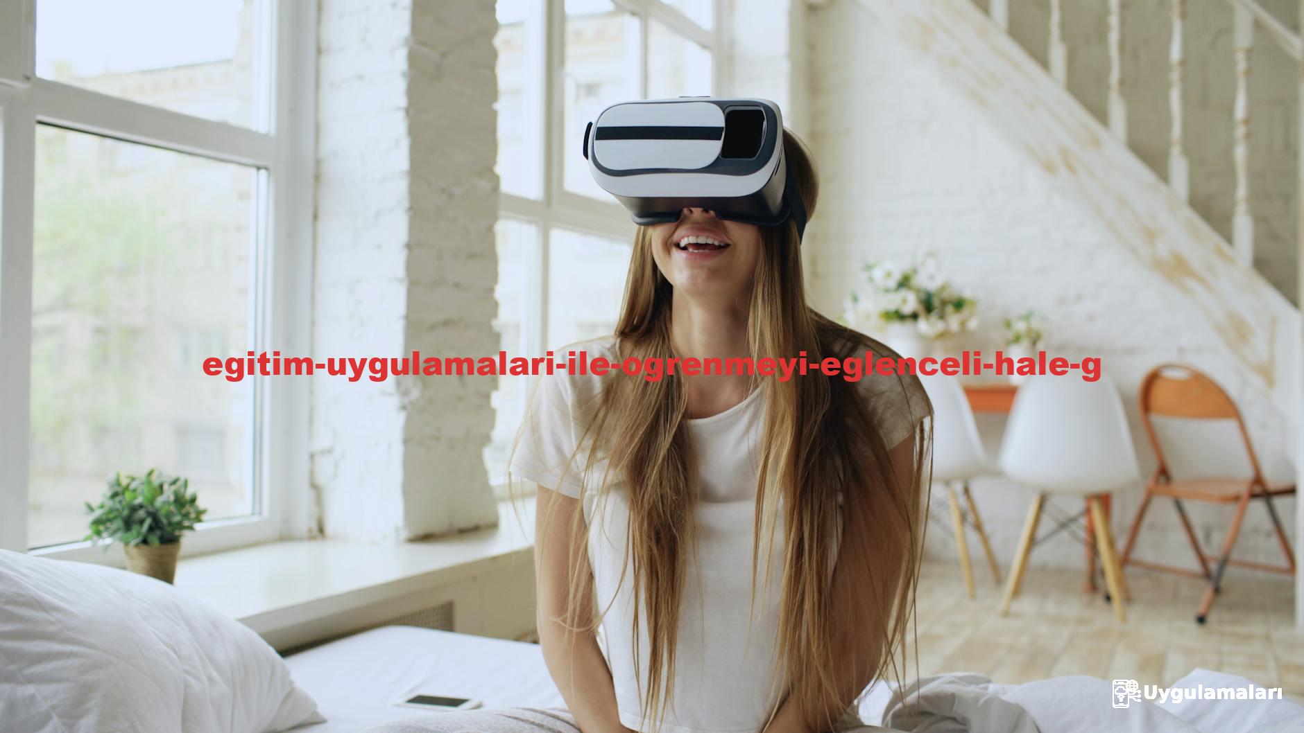 Woman enjoying virtual reality experience at home, smiling and relaxed.