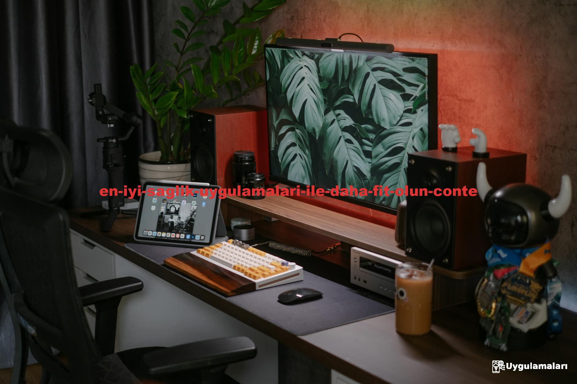 A stylish home office setup featuring a monitor, tablet, speakers, and decorative items. Ideal for tech enthusiasts.