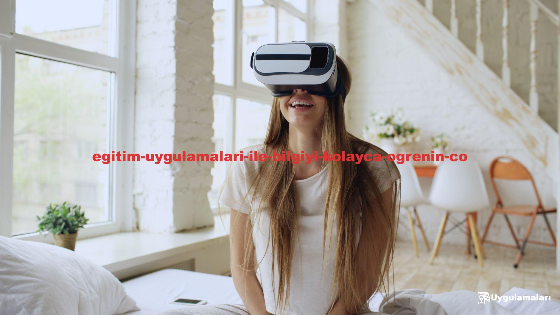 Woman enjoying virtual reality experience at home, smiling and relaxed.